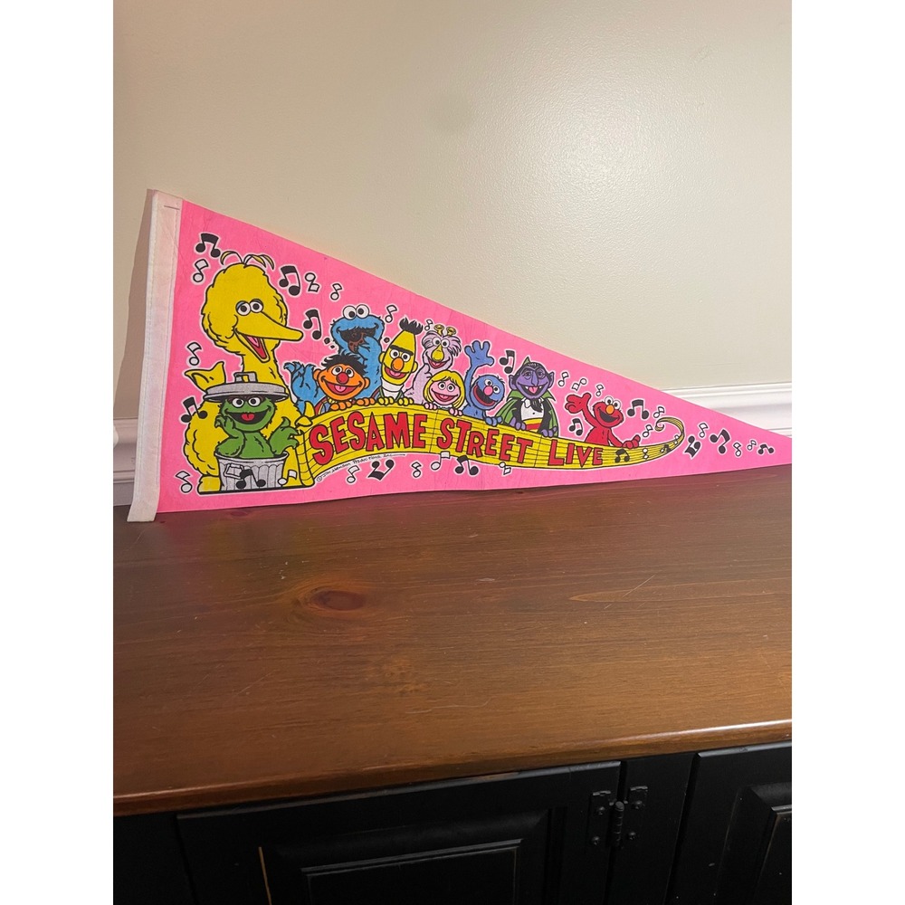 Vintage Sesame Street Live Pink Felt Pennant Big Bird Elmo Muppets Souvenir